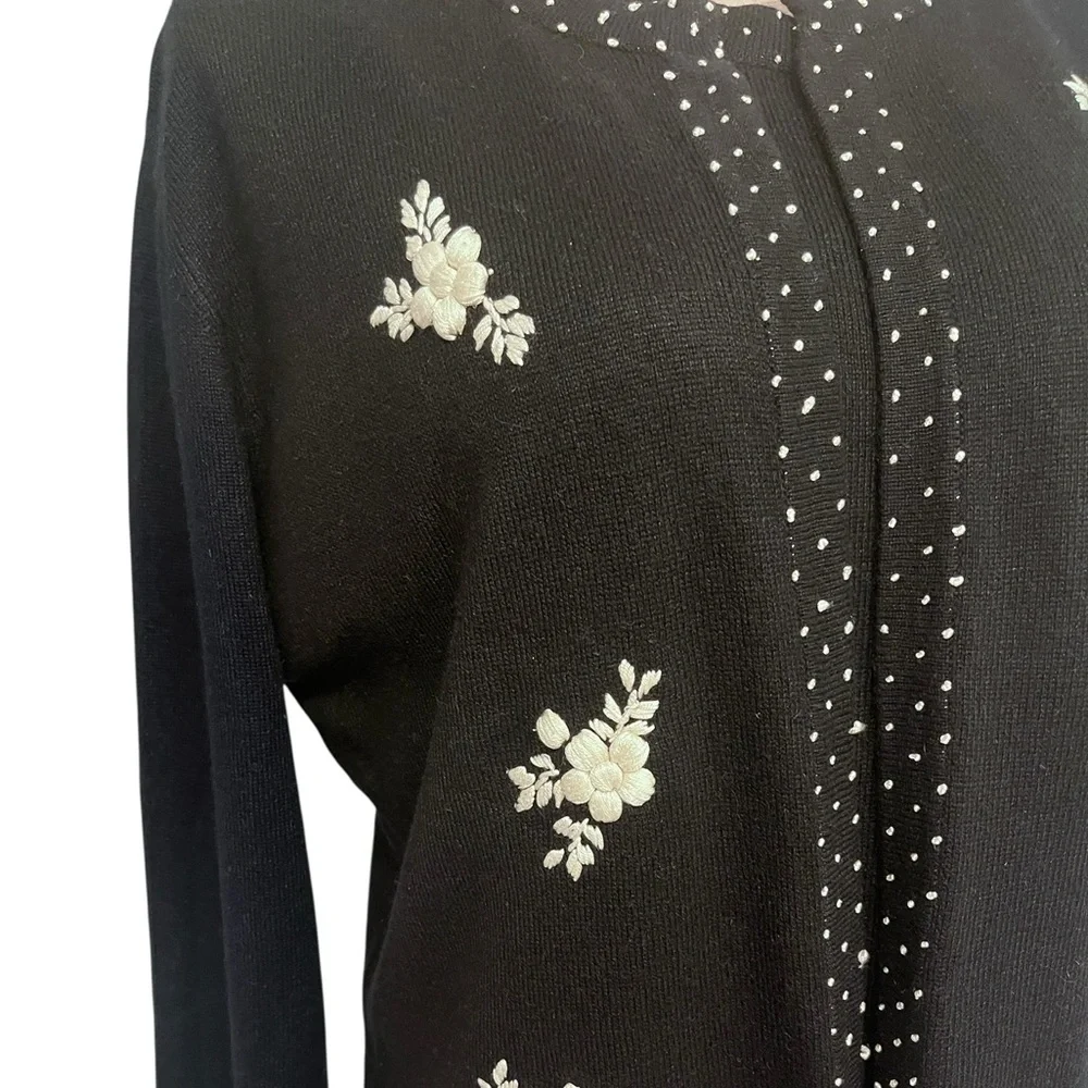 Emma James Black Embroidered Silk Blend Cardigan Sweater Set Size M
